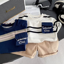 男童夏装套装2025新款洋气一岁立体条纹小口袋短袖小童宝宝两件套