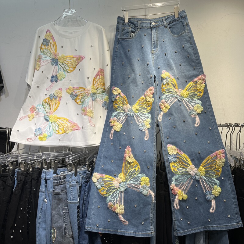 25 Summer New Butterfly Printed Short-sleeved T-shirt Heavy-duty Beaded Embroidery Straight Tube Slimming Fashion Design Sense Pants