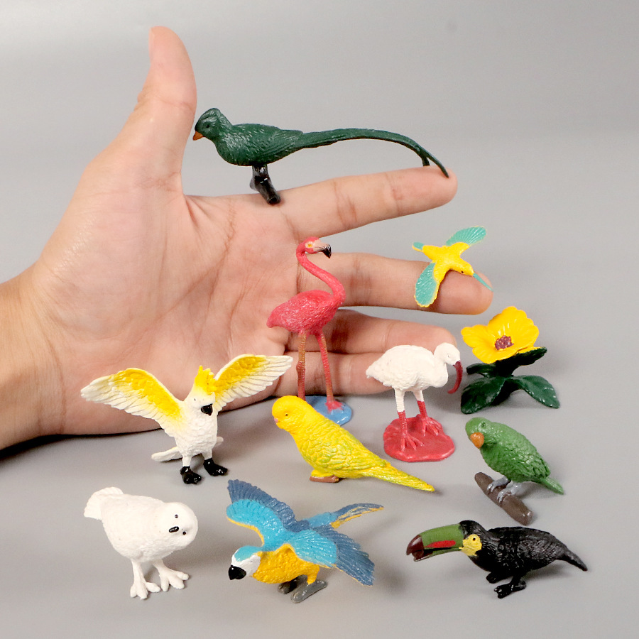Set of 10 Artificial Flamingo Parrot Hummingbird Bird Animal Models, Solid Enamel Bird Toy Shelf Accent