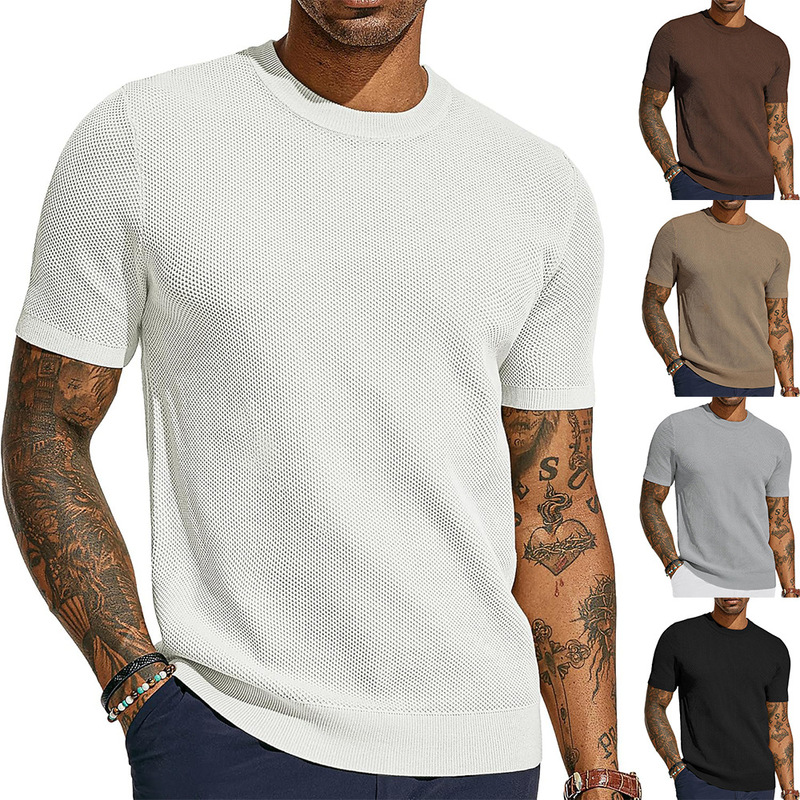 European and American Cross-Border Knitwear Summer New Men's Short-Sleeved Tight-Fitting Round-Neck Sports Fitness Tops for Men European and American Cross-Border Knitwear Summer New Men's Short-Sleeved Tight-Fitting Round-Neck Sports Fitness Tops for Men