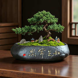 新中式知足常乐浮雕陶瓷花盆室内外种植土培带孔罗汉松盆景盆器