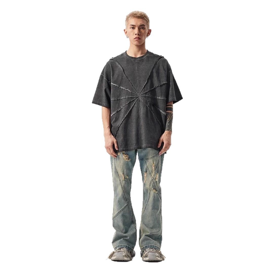 American Old Worn Jeans Men's Loose And Slightly High Street Line Design Style Pants_mkmklike.com