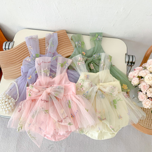  Girls Korean Style Suspender Jumpsuit Infant and Toddler Embroidered Cover Butt Mesh Princess Dress Newborn Hundred Days Dress