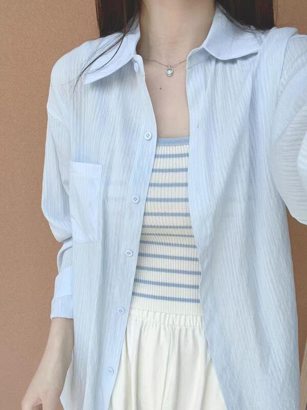 Light blue lightweight ice silk sun protection shirt for women, suitable for summer wear, 2026 new model, loose and casual, covers the body, cardigan style Light blue lightweight ice silk sun protection shirt for women, suitable for summer wear, 2026 new model, loose and casual, covers the body, cardigan style