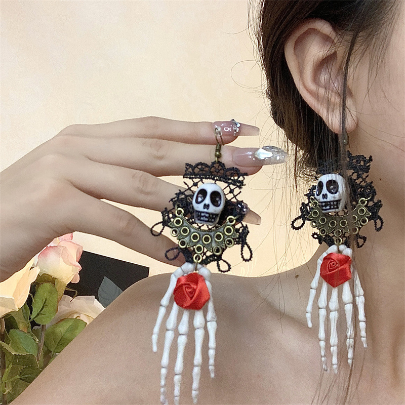 Vintage Schwarze Spitze Skelett Grab Halskette Dunkle Hals Accessoires Übertrieben Halloween Goth Ohrringe_voghion.com