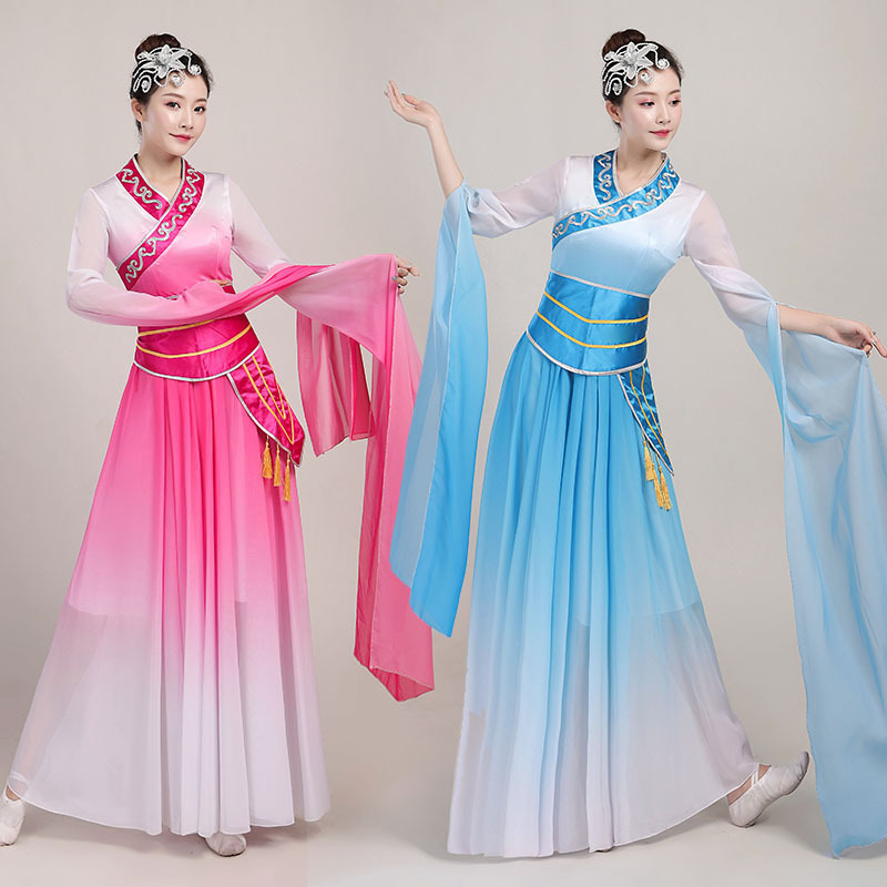 pink blue water sleeve chinese folk dance performance dress hanfu classic fairy princess dance dress for adult Jinghong dance clothing 