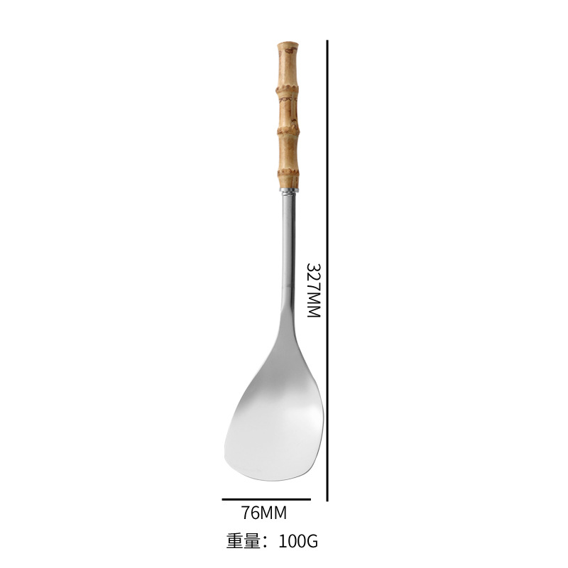 Utensilios de cocina de acero inoxidable con mango de bambú natural transfronterizo para uso doméstico, arroz, hotel, restaurante, olla, espátula para saltear_voghion.com