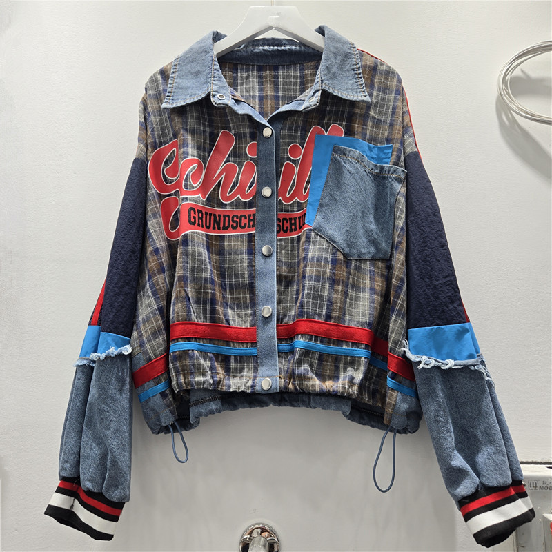 American-Style Patchwork Denim Jacket for Women, Loose Fit, Color-Blocked Plaid Print, Trendy Versatile Slimming Top Shirt