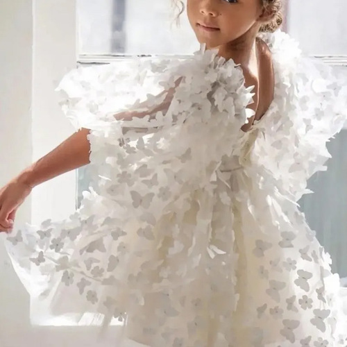 International Children's Bubble Sleeve Formal Dress with 3D Butterfly Design, Net Fabric, Fluffy Princess Dress, Backless Performance Costume