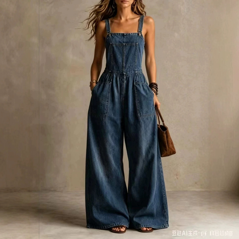 2026 Amazon Foreign Trade Cross-Border Summer New Women's Loose Pocket Sleeveless Denim Overalls Jumpsuit 2026 Amazon Foreign Trade Cross-Border Summer New Women's Loose Pocket Sleeveless Denim Overalls Jumpsuit