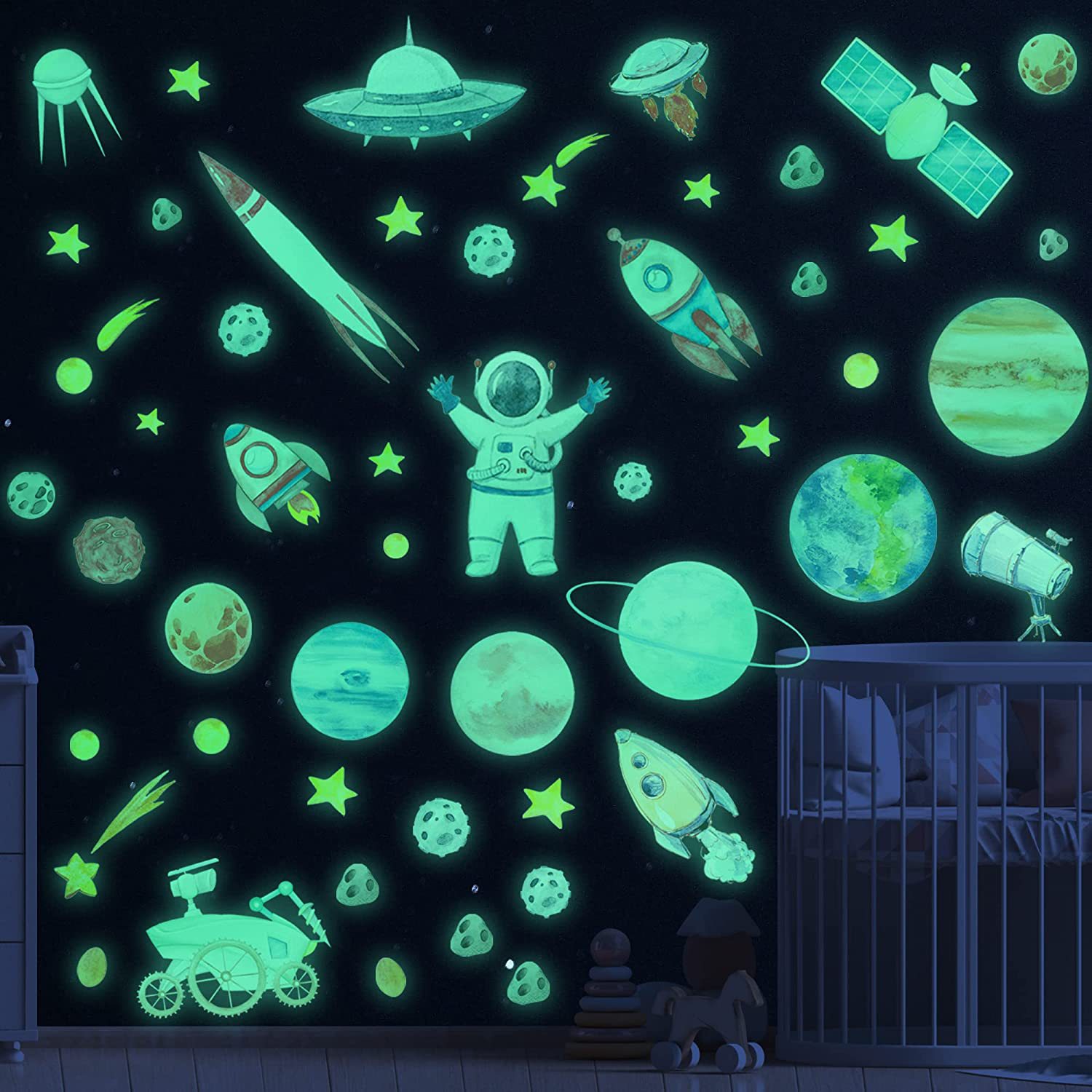 Pegatinas de pared del sistema solar, estrellas que brillan en la oscuridad para el techo, calcomanías de pared de astronauta de la galaxia, cohete, nave espacial, extraterrestre para niños,