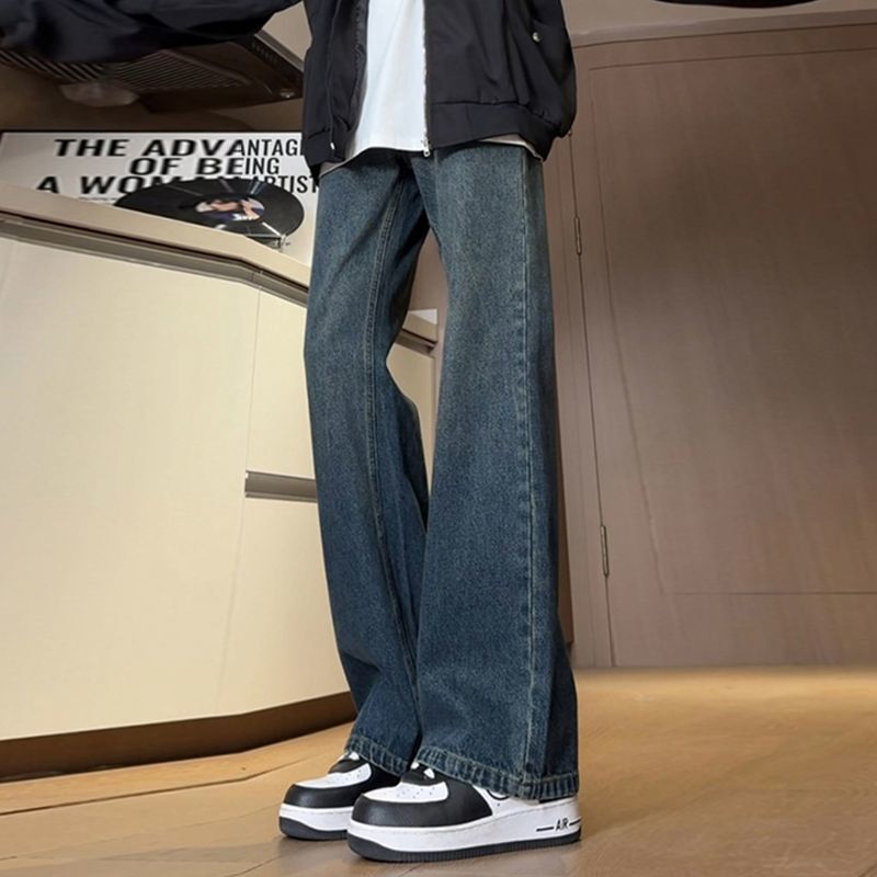 Trendy Straight-Leg Flared Stretch Washed Denim Jeans Loose High Street Niche Pants for Men