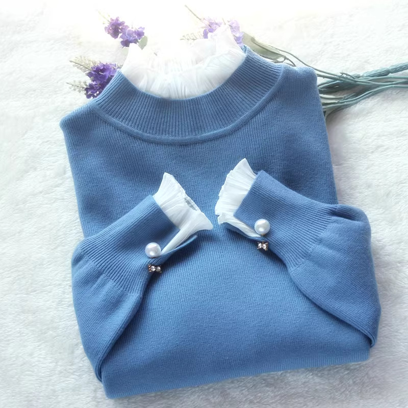 加绒加厚毛衣女冬季内搭假两件雪纺领打底针织衫喇叭袖珍珠扣上衣