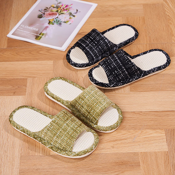 Japanese Linen Slippers Women's Chanel Style Home Slippers Couple's Household Four Seasons Guests Leaky Toe Silent Floor Slippers