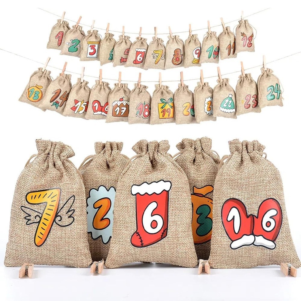 圣诞降临日历倒计时套装1-24数字麻布袋圣诞礼品袋礼物收纳束口袋