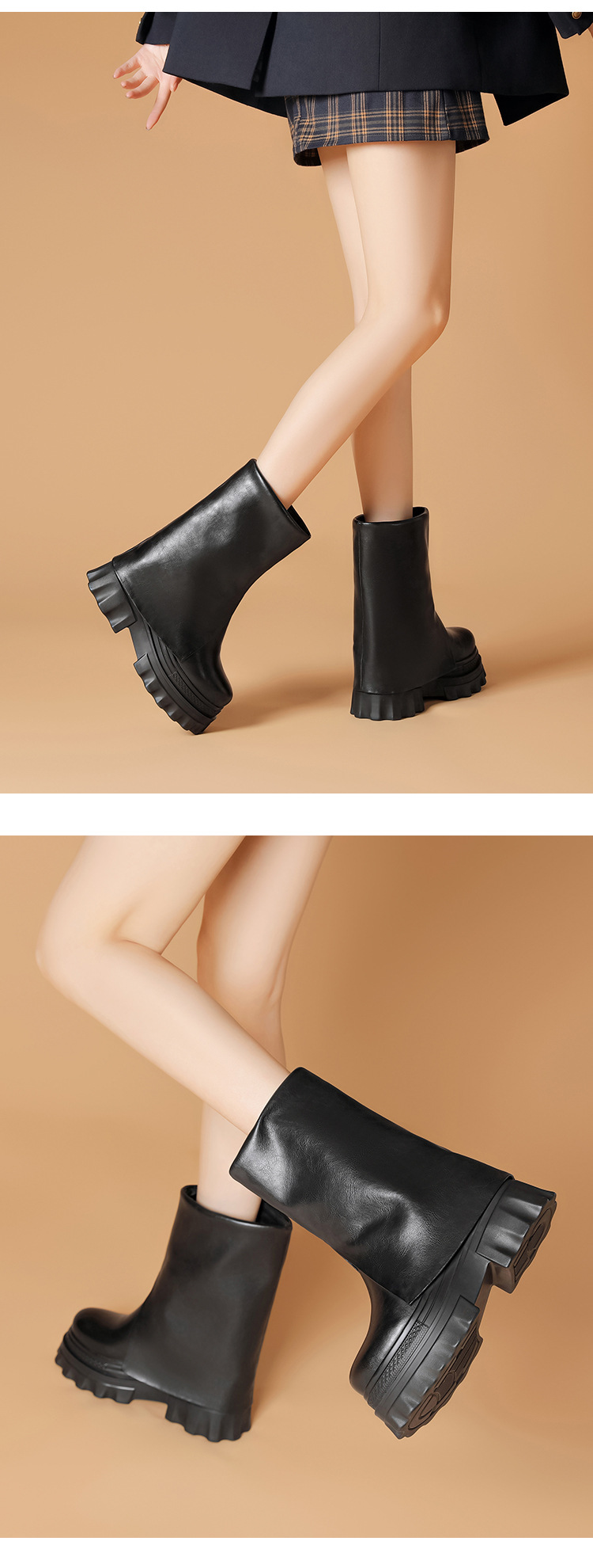 Boot nữ cổ cao ôm bắp chân đế xuồng cao 10 cm lót nhung ấm — Lót nhung đen chi tiết 5