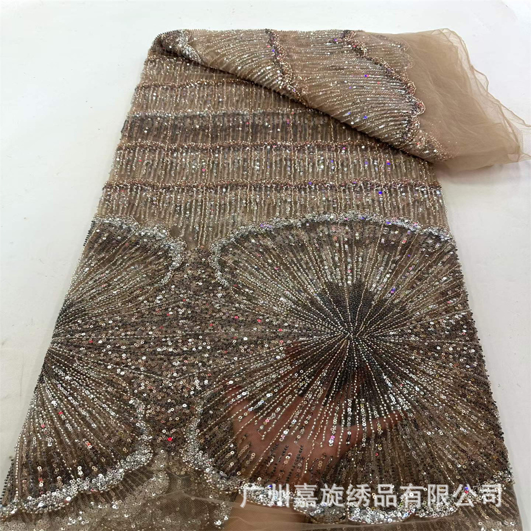 Tela africana multicolor con patrón de ondas grandes y bordado de lentejuelas y cuentas para vestidos, qipao, vestidos de novia y trajes de espectáculo.