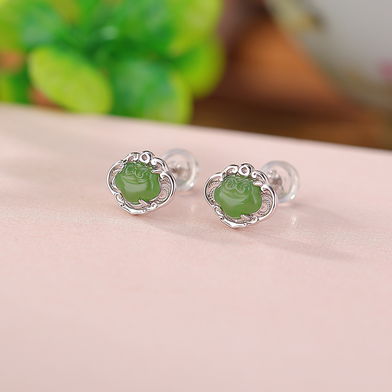 Bông tai bạc S925 đính ngọc Hetian tự nhiên hình Như Ý rỗng — Mẫu bạc