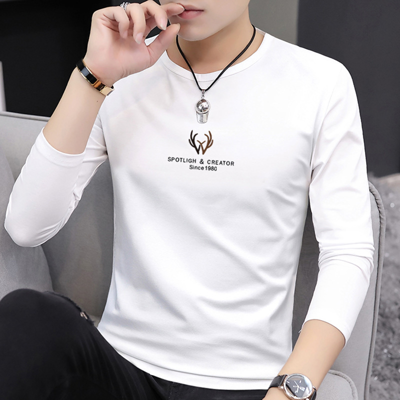 新款春秋季t恤男士长袖圆领百搭修身上衣印花韩版薄款上衣服