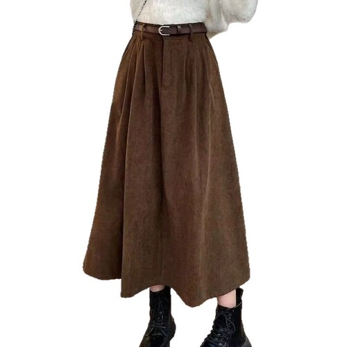 Vintage corduroy skirt for women in autumn and winter, high waist slimming a-line skirt covering hips, loose high-end draping long skirt