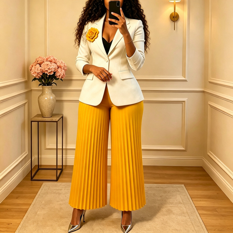 D3386 Winter plus-size fitted white blazer and pleated wide-leg pants two-piece set, European and American style women's outfit