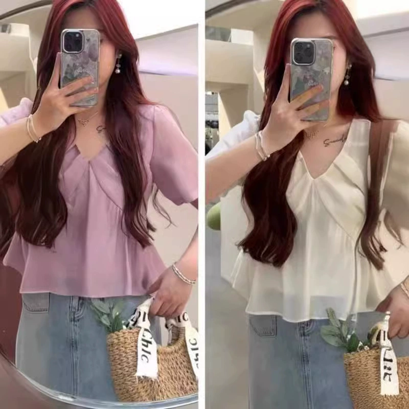 Французский ретро с V-образным вырезом, сшитая, тонкая талия с короткими рукавами, шифоновая рубашка, женский летний темперамент, дикий тонкий топ
