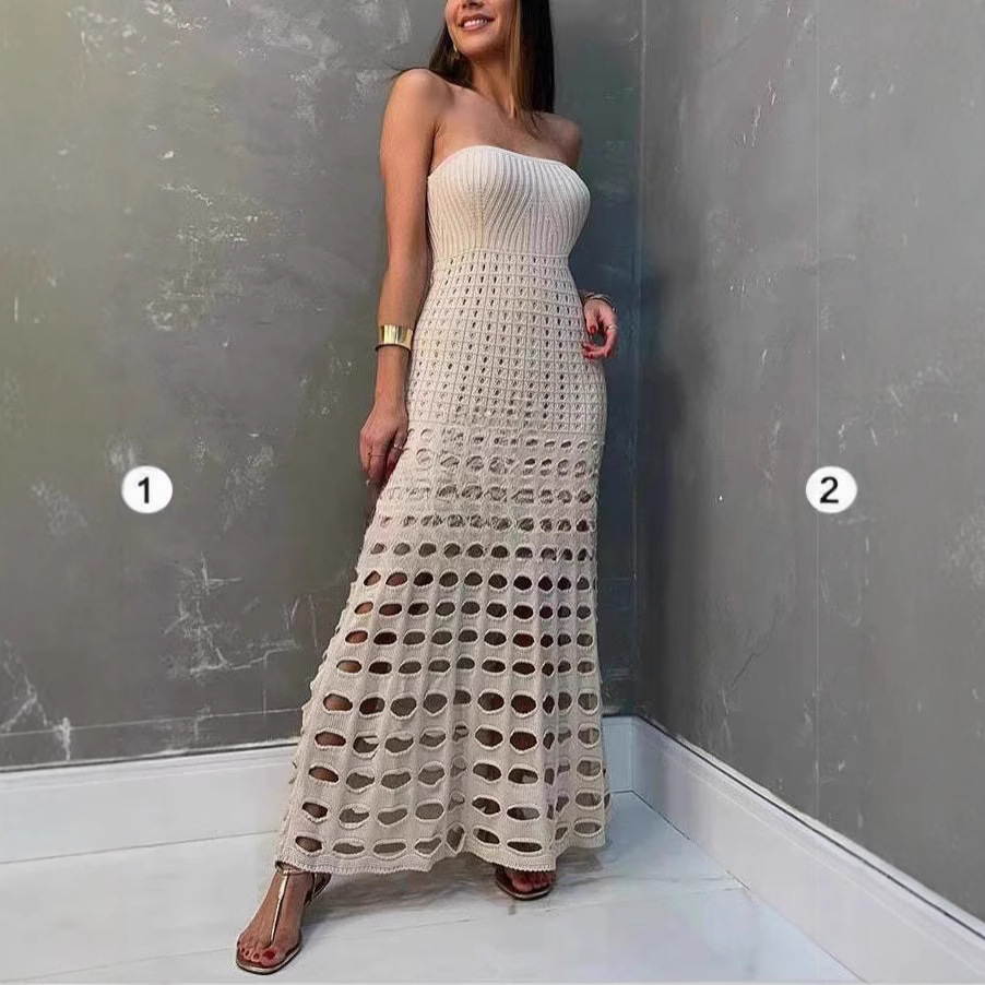 法式优雅25春夏圆领珠饰钩花镂空毛衣针织背心连衣裙女欧美性感