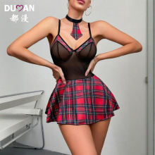 经典红格性感cosplay制服女 热辣网纱透视吊带短裙情趣套装潮批发