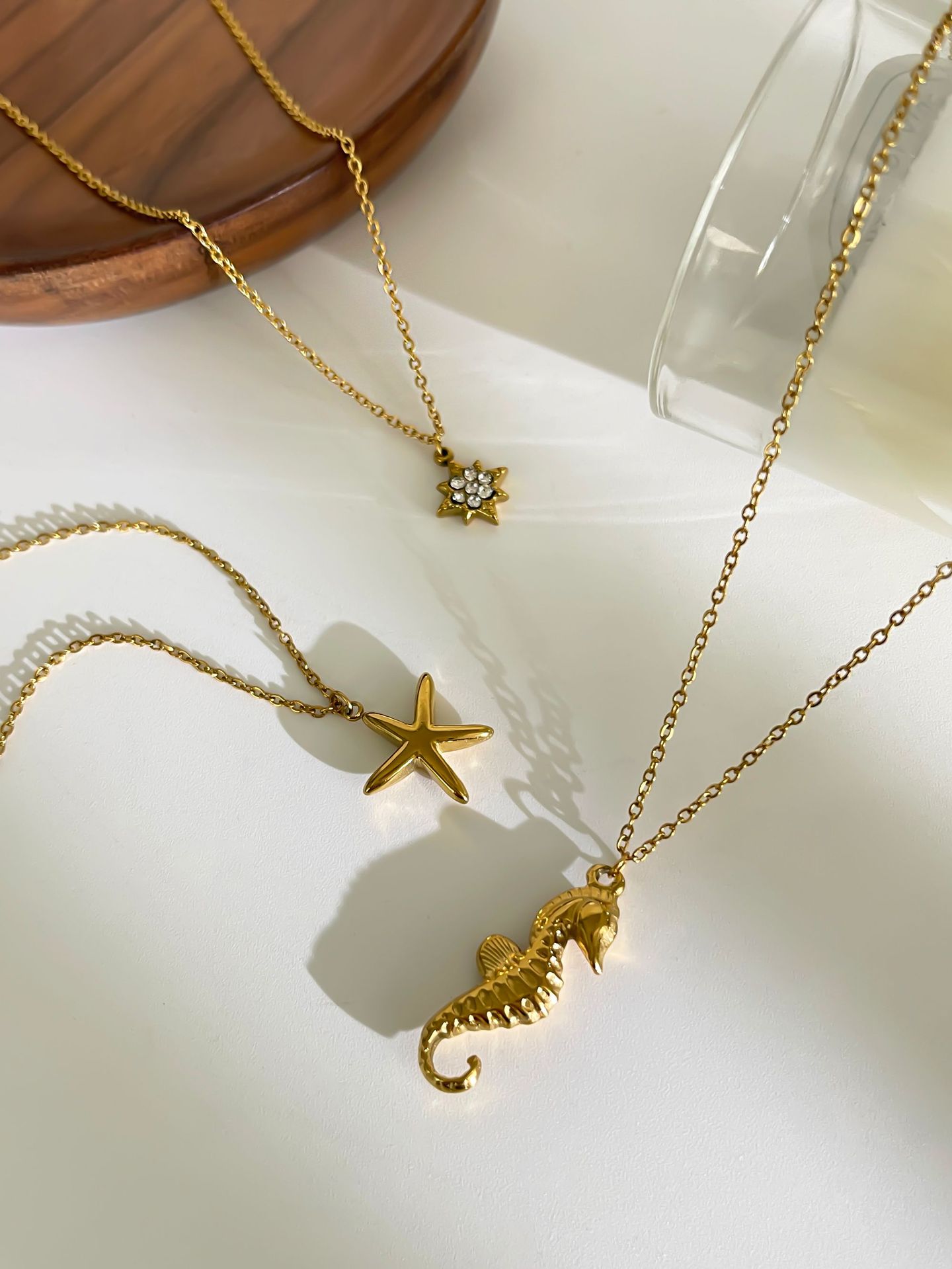 316L Stainless Steel Material 18K Gold Plated 316L Stainless Steel Rhinestones Starfish Hippocampus Waterproof Non Tarnish Surgical Steel IG Style Cable Chain Pendant Necklace For Women's