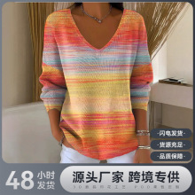 2025外贸跨境独立站新款落肩V领长袖套头3D数码印花女式上衣T恤