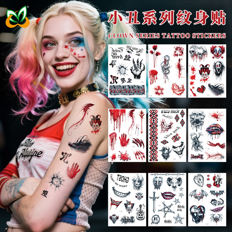Cross-Border New Dark Halloween Ghost Face Clown Tattoo Stickers Sweet Cool Sexy Party Holiday Face Tattoo Stickers