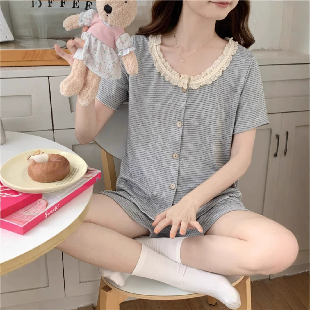Летние женские пижамы, кружевной круглый вырез, тонкие полоски, брюки с короткими рукавами, женские пижамы, простой стиль, повседневный стиль, домашняя одежда для женщин