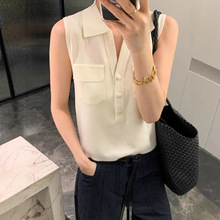 双口袋翻领冰丝针织衫女欧洲站2025夏装新款欧货女装无袖打底衫潮