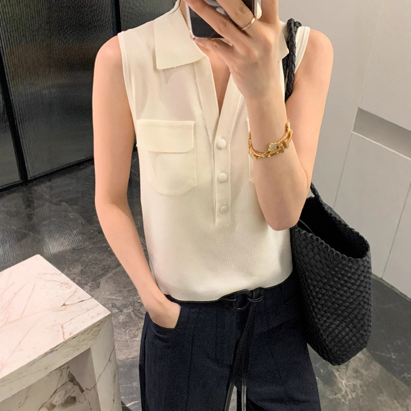 Double-Pocket Turn-Down Collar Ice Silk Knit Top for Women, European Style 2025 Summer New Fashion, European Women's Sleeveless Base Shirt Trendy
