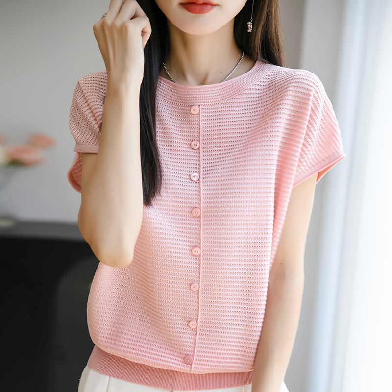 Summer Women's New Style Curved Bead Ice Linen Silk Short-Sleeved Women's Knitwear T-Shirt Women's Round Neck Vest Top Foreign Trade Wholesale
