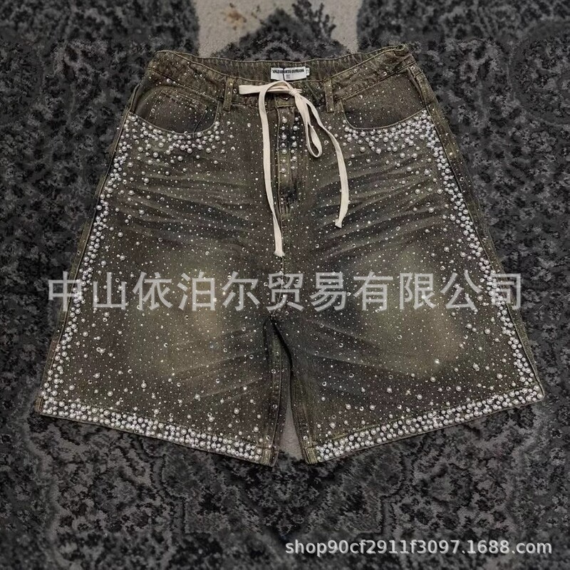 European and American Style Rhinestone-Embellished Denim Shorts, Heavy-Duty Vintage American Retro Loose Straight-Leg Knee-Length Shorts, Wholesale