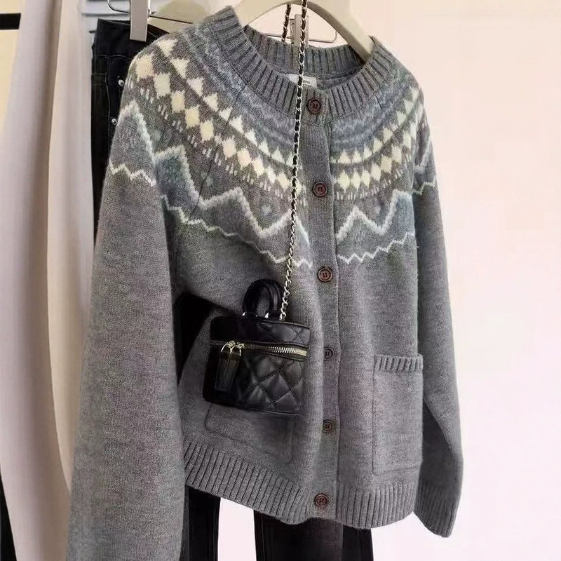 Unmun Retro Fair Isle Knitted Sweater Jacket Jacquard Autumn and Winter New Round Neck Loose Lazy Top Cardigan