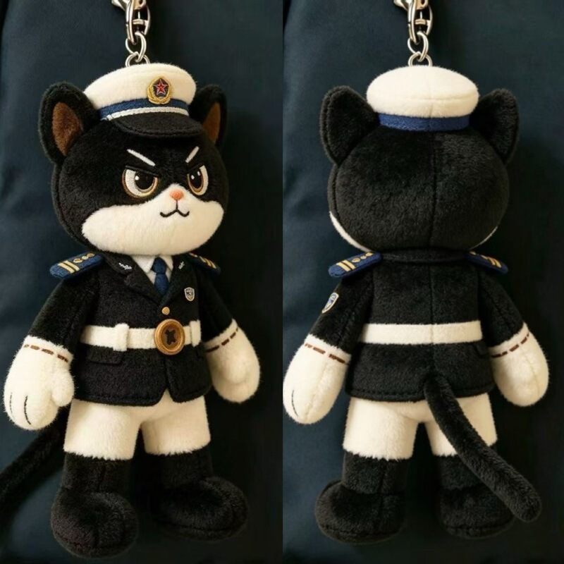 In-Stock New Product Same as on Xiaohongshu: Black Cat Police Chief One-Eared Plush Toy Keychain Backpack Bag Pendant