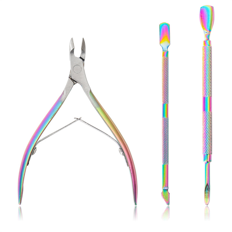 Cross-border especial color plateado uñas piel muerta empuje conjunto de tres piezas galvanoplastia uñas piel muerta tijeras removedor de uñas herramienta de manicura de empuje de acero