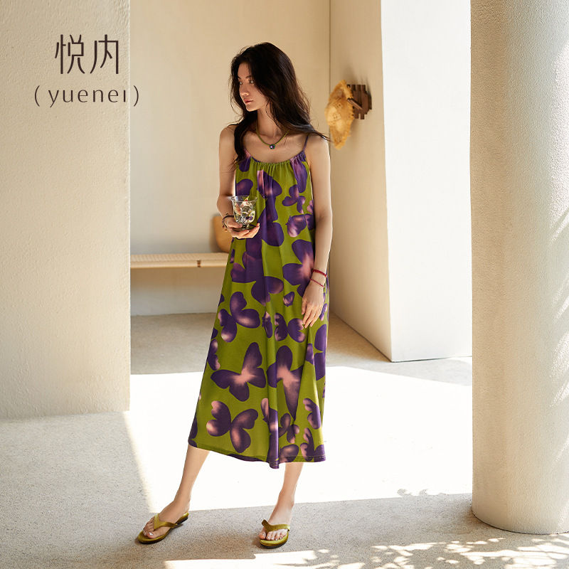 悦内带胸垫睡裙女士夏季夏天莫代尔吊带背心大码长款蝴蝶睡衣女款|undefined