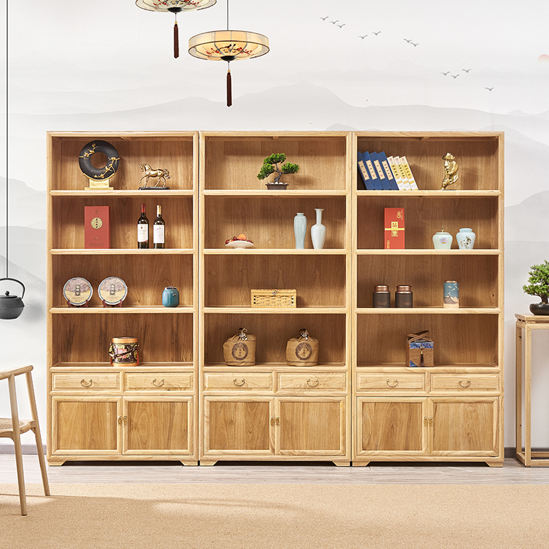 新中式博古架实木茶叶展示柜普洱茶置物架橡木书架多宝阁带灯隔断