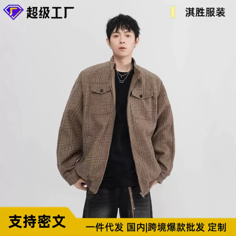 新款复古美拉德cleanfit千鸟格哈灵顿夹克男短宽立体剪裁春秋季