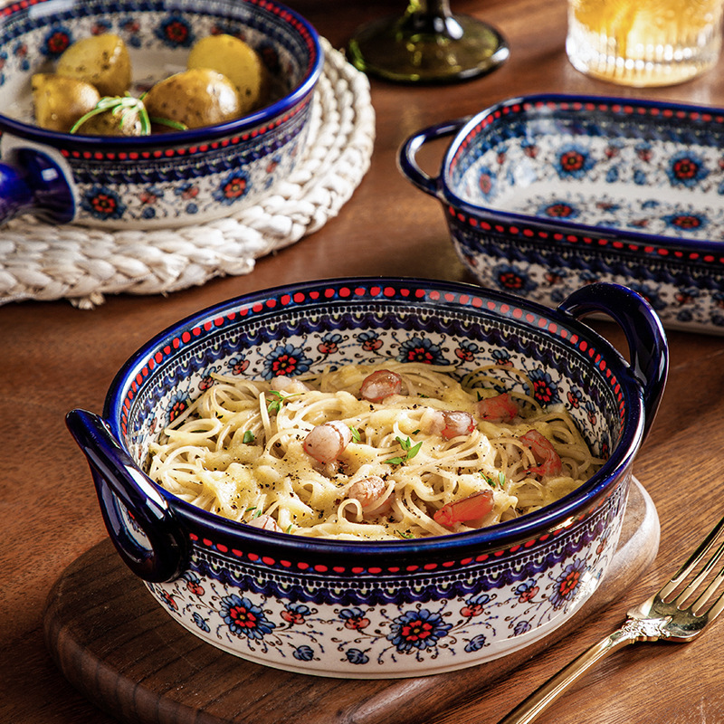 Foreign Trade Ceramic Polish Ceramic Tableware Set Double-Eared Baking Pan Dish Plate Vinegar Plate Personalized Retro Handle Breakfast Plate