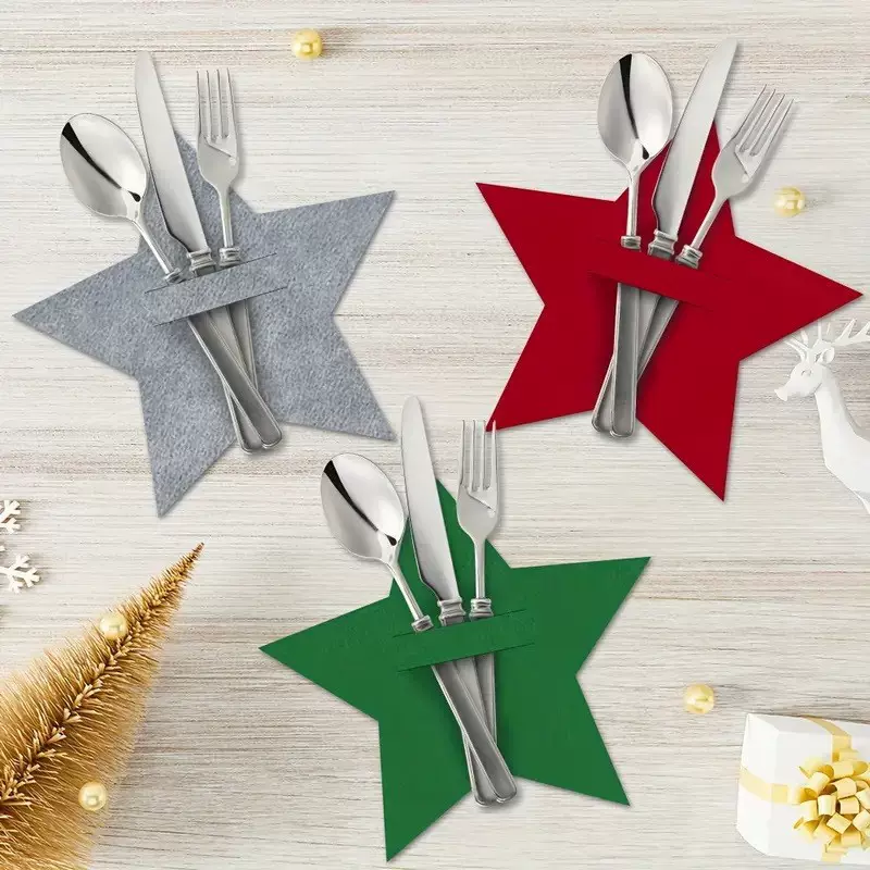 圣诞节毛毡红色五角星绿色五角星刀叉垫灰色星星餐具刀叉垫