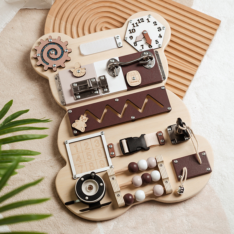 Cross-Border Wooden Children's Montessori Teaching Aids Bear Busy Board Mechanism Unlocking Baby Enlightenment Early Education Educational Toys