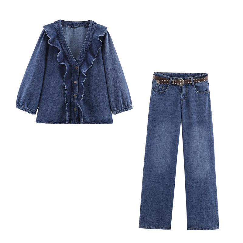 Single-Breasted Layered Denim Shirt 6147152 with Belt Low-Waist Wide-Leg Jeans 7223225 Casual Suit