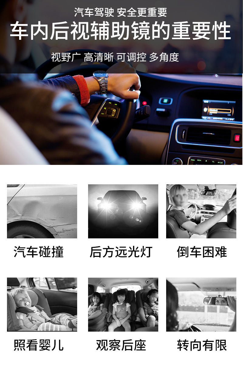 New Car Interior Auxiliary Mirror with Suction Cup, Adjustable Car Auxiliary Rearview Mirror