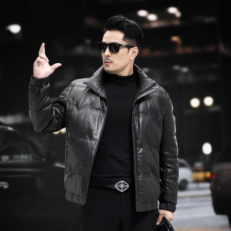 Autumn and Winter new Haining men's leather down jacket stand collar jacket ultra-thin calf leather simple business men's clothing Autumn and Winter new Haining men's leather down jacket stand collar jacket ultra-thin calf leather simple business men's clothing