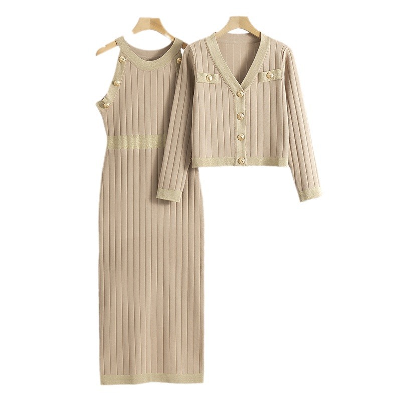 Damenbekleidung Temperament Dame hohe Taille Mode zweiteiliges Pulloverkleid 2024 Herbst neues gestricktes Pulloverwestenkleid_voghion.com