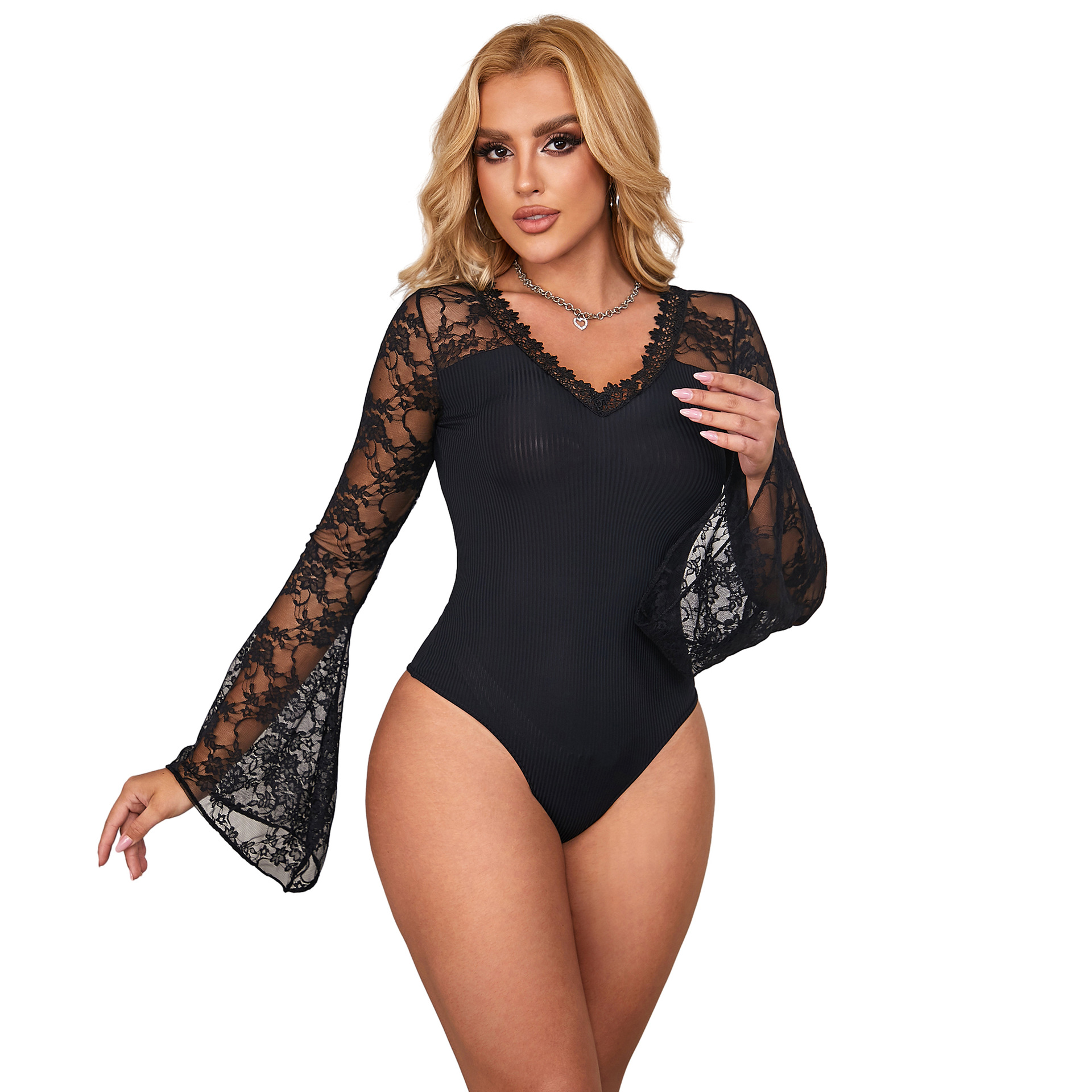 Primavera y otoño nuevo suministro transfronterizo de Amazon manga de cuerno de moda negra V-cuello de camiseta de mujer sin desprender la camiseta